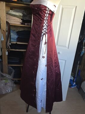 Burgundy and White With Accent Side Lace-Up Gown